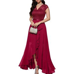 Women's Dark Red V-Neck  Hi-Lo Floral Lace Prom Cocktail Party Formal Dress